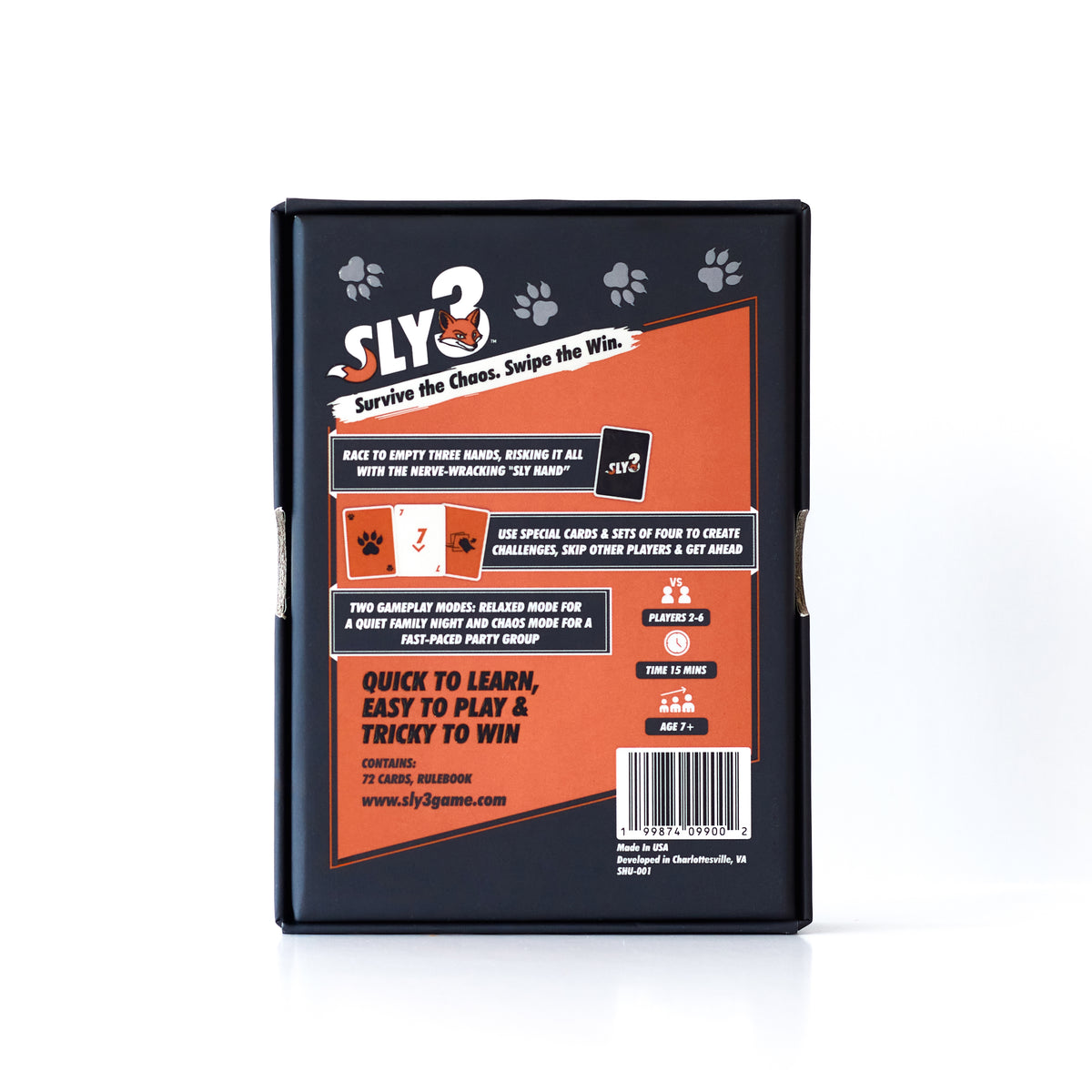 The back of the SLY3 card game box, featuring a black background with a large orange panel containing product details, rules, a barcode, and the SLY3 logo.